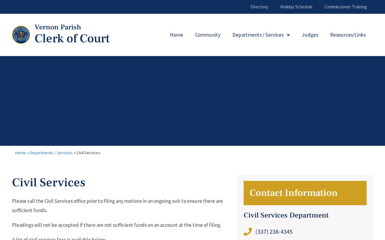 Vernon Parish civil docket Clerk Civil Services page