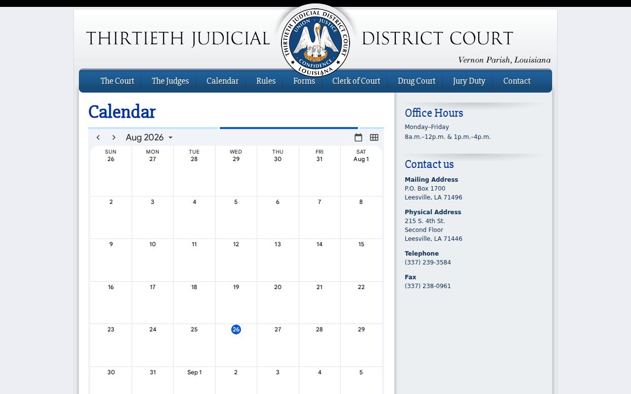 Vernon Parish court calendar official 30th Judicial District Court page