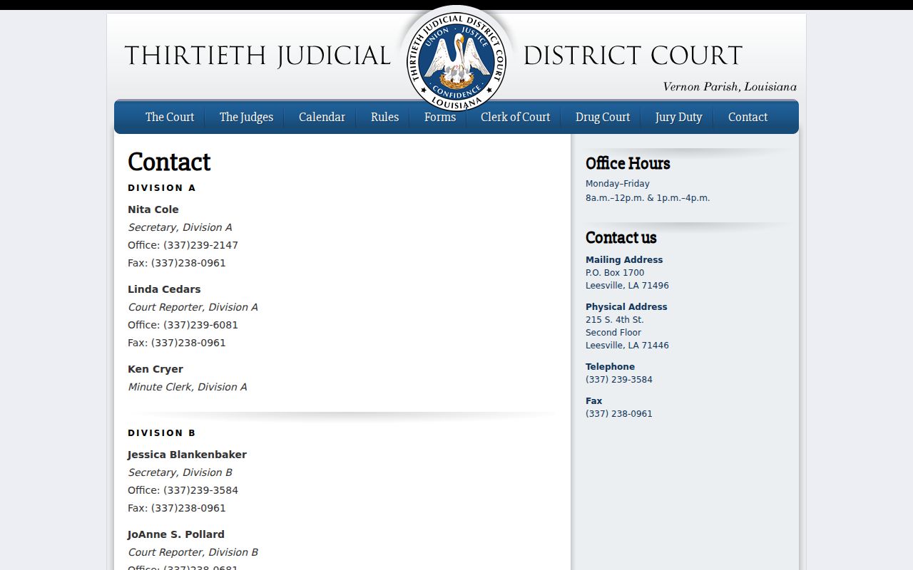 Vernon Parish court calendar 30th Judicial District division contacts