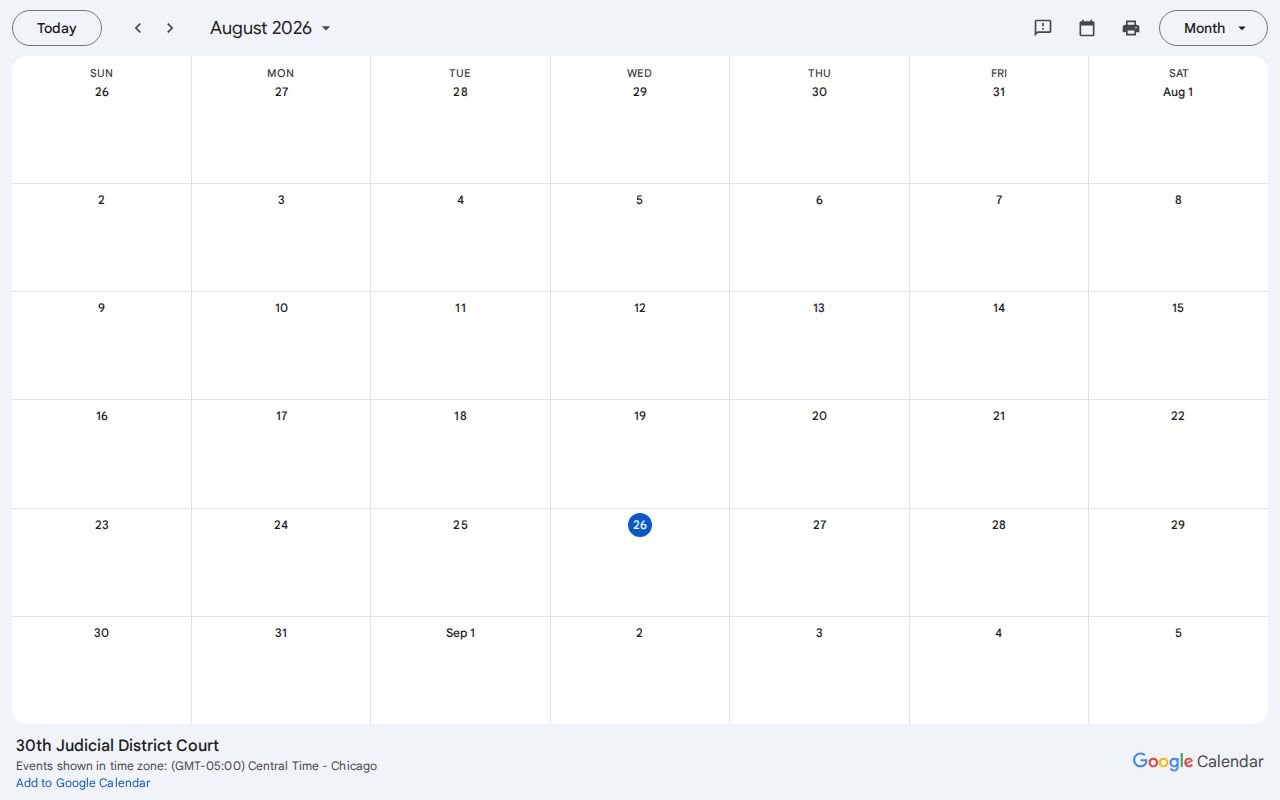 Vernon Parish court calendar embedded Google Calendar in America Chicago time