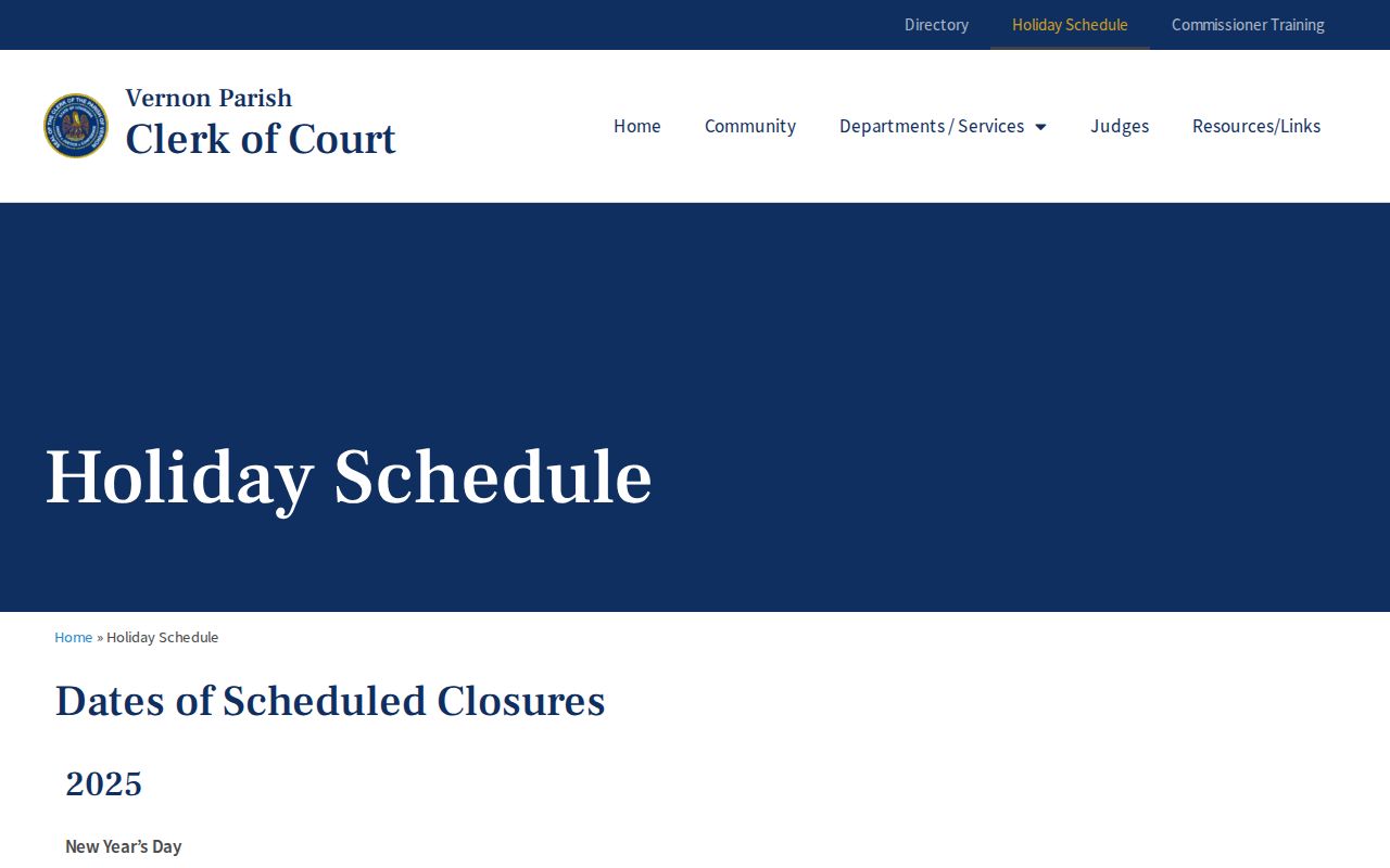 Vernon Parish court calendar Clerk holiday schedule page