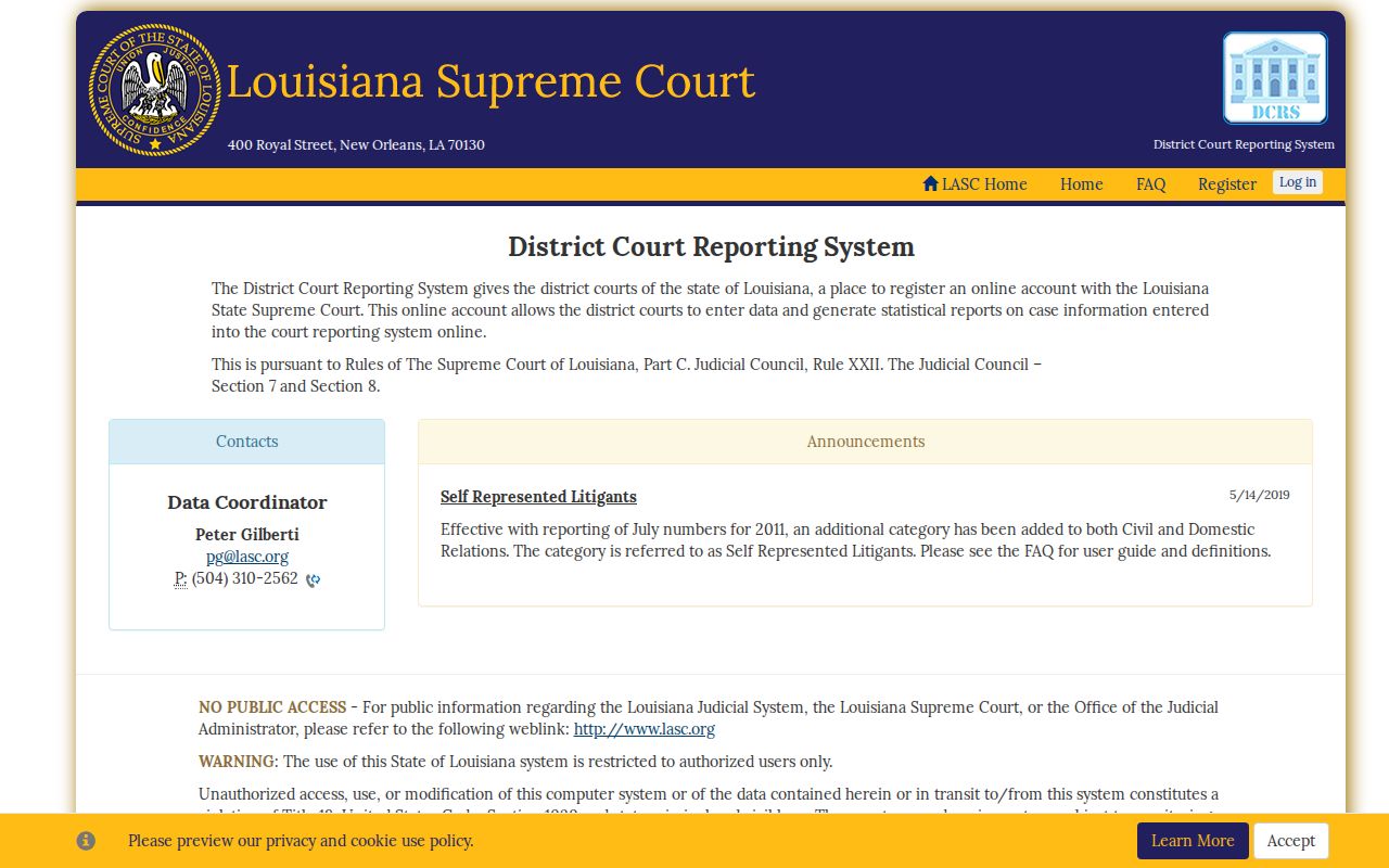 Vernon Parish criminal docket Louisiana District Court Reporting System access notice