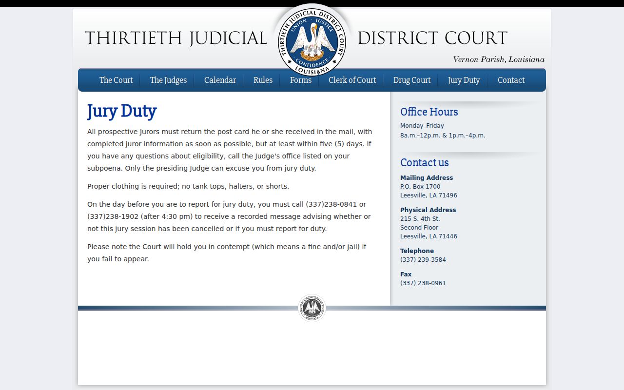Vernon Parish traffic court records timing reference from Thirtieth Judicial District jury duty