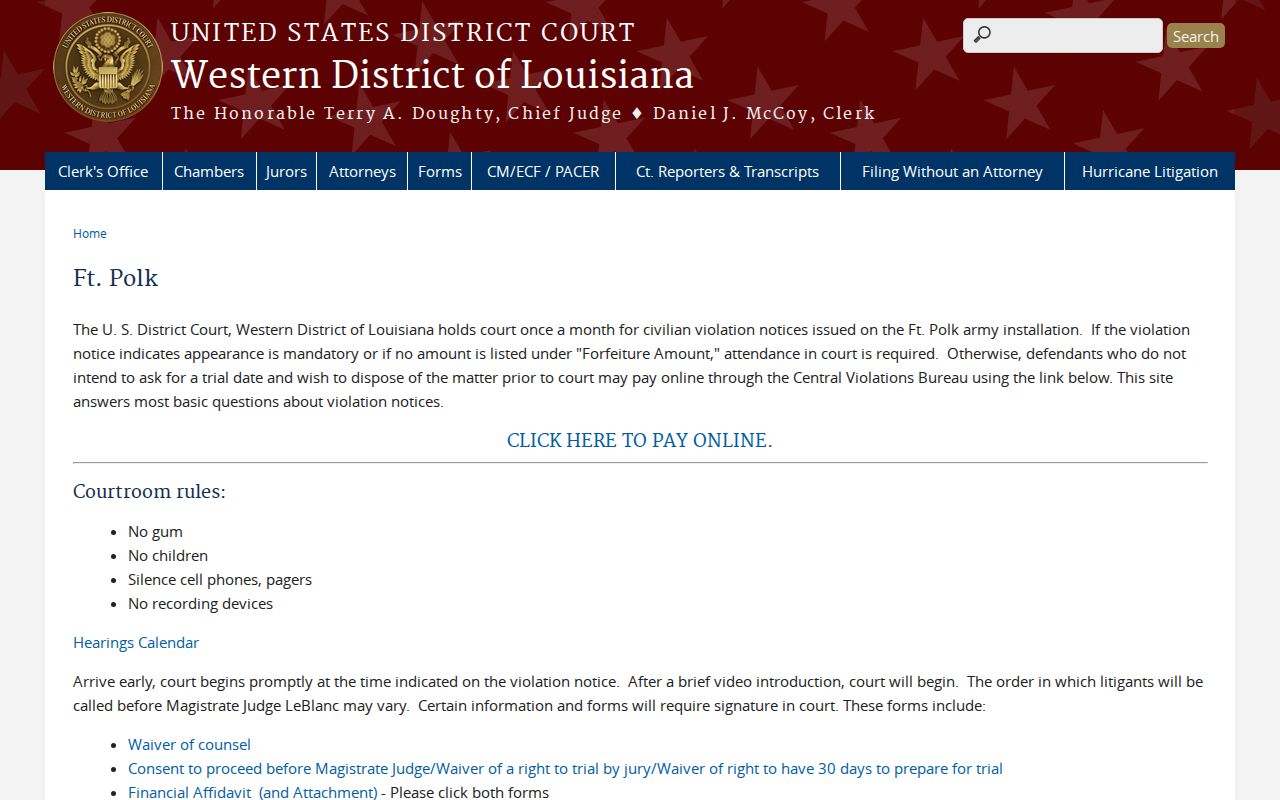 Vernon Parish traffic court records route for Fort Polk federal court