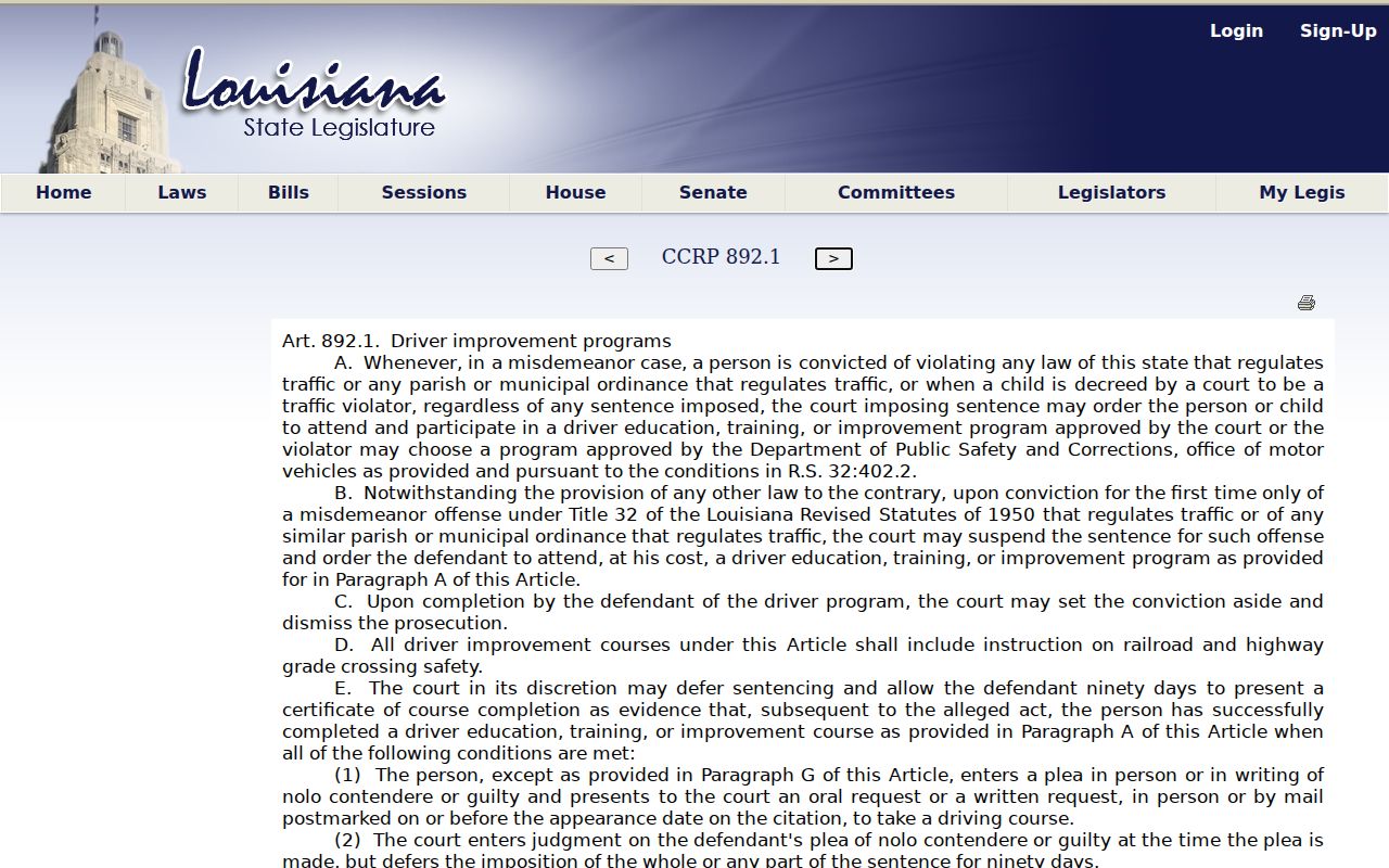 Vernon Parish traffic court records reference to Louisiana driver program statute