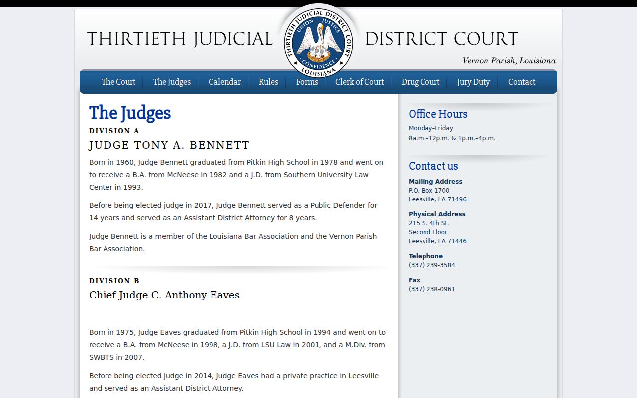 Vernon Parish court docket 30th Judicial District Court judges directory