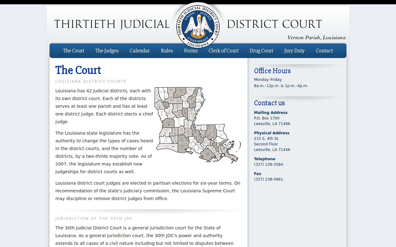Vernon Parish court docket 30th Judicial District Court jurisdiction page